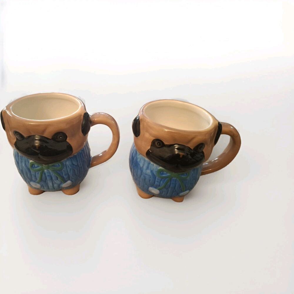 Anthropologie Peluche Pet Coffee Mug Pug Dog Puppy Brown Black Blue Sweater Cup
